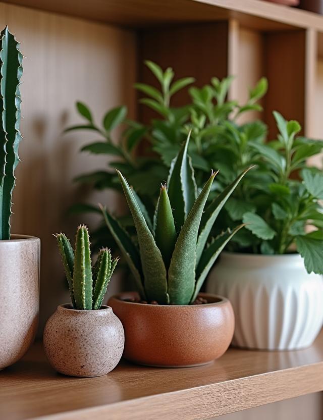 Dettaglio dell'arredamento del locale, con piante e oggetti di design.