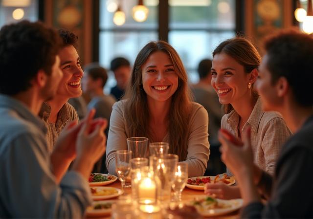 Un gruppo di amici sorridenti che cenano insieme al ristorante.