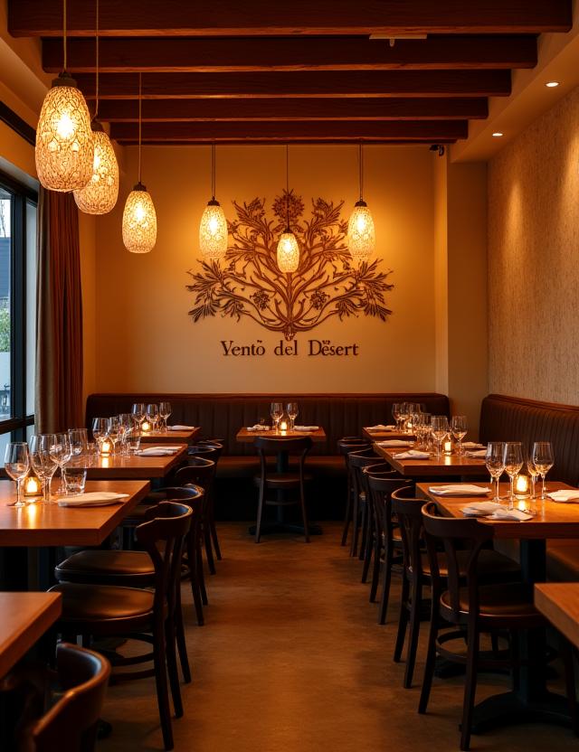 Interno del ristorante Vento del Deserto con luci calde e tavoli in legno.
