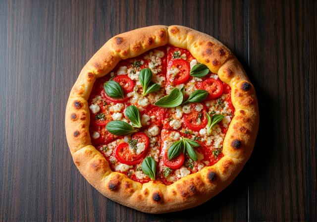 Una pizza appena sfornata servita su un tavolo di legno scuro.